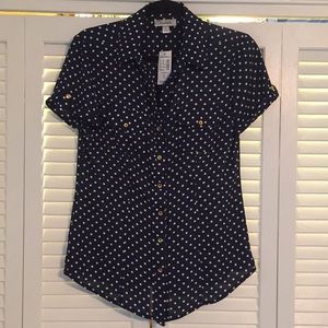 NWT Dressbarn Navy & White Polka Dot Blouse S